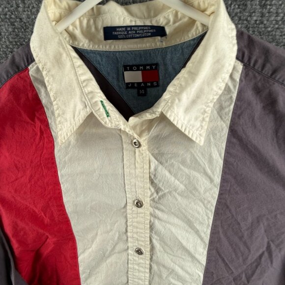 VTG Tommy Hilfiger Women Colorblock Button Up Shirt Size 14 Colorful Y2K 90s - Picture 3 of 16